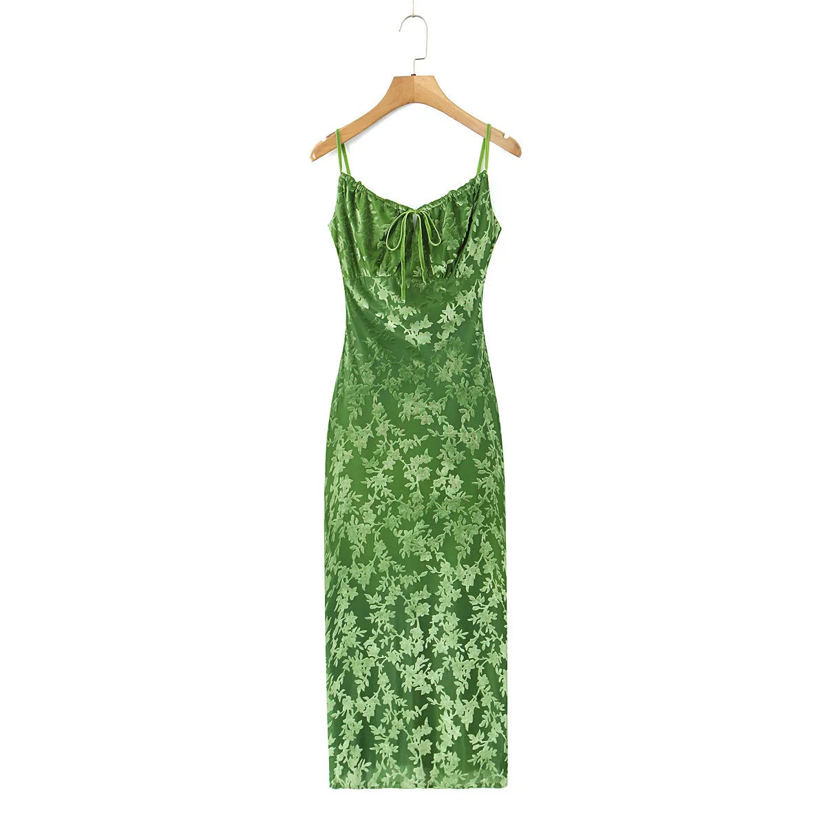 Wjczt prom dresses French Style Niche Summer Retro Green Flocking Printed Sling Dress Hot Girl Slim Lace-up Sheath Dress for Women