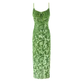 Wjczt prom dresses French Style Niche Summer Retro Green Flocking Printed Sling Dress Hot Girl Slim Lace-up Sheath Dress for Women