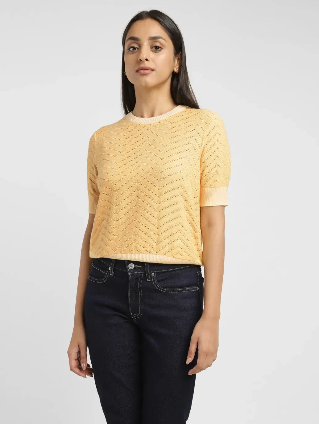 Women's Solid Yellow Crew Neck Sweater