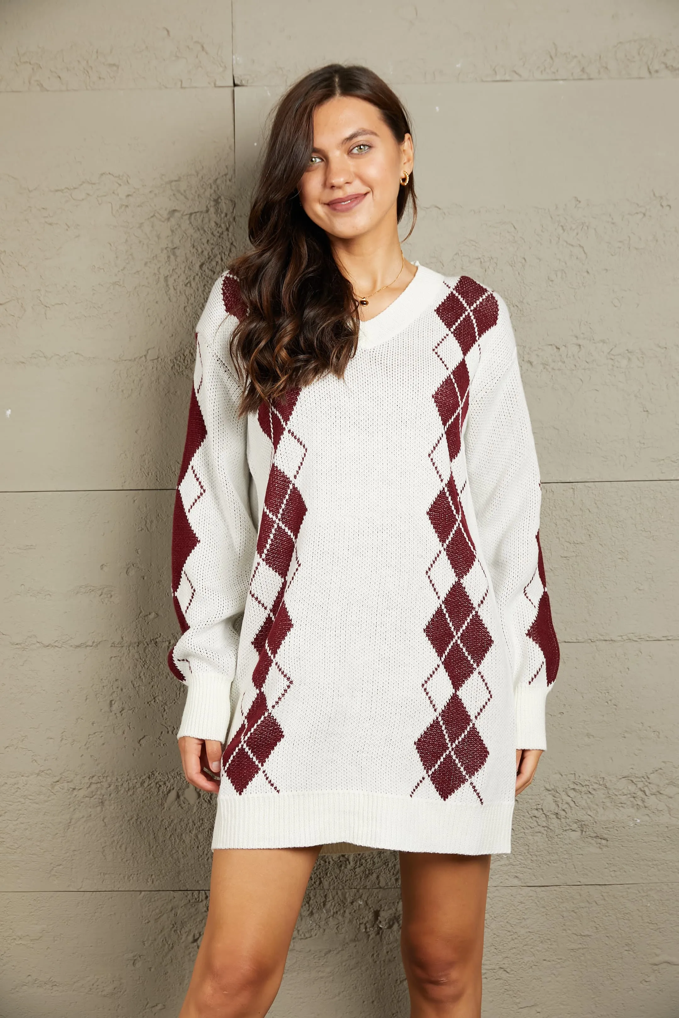 Woven Right Argyle V-Neck Ribbed Trim Sweater Dress