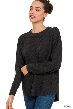 Zenana Hi-Low Long Sleeve Round Neck Sweater